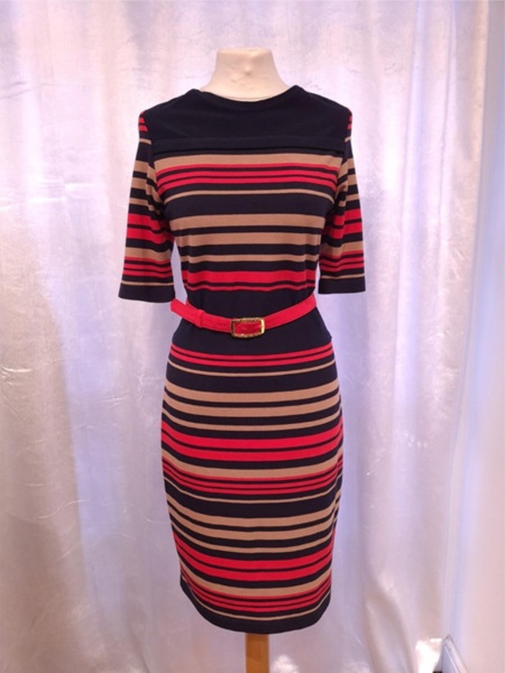 Joseph Ribkoff Black, Red & Tan Striped Belted Midi Dress